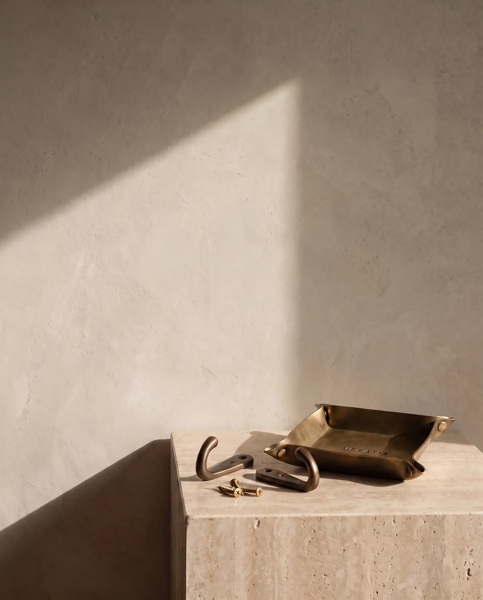Brass Entry Set — Two wall hooks and a catchall tray