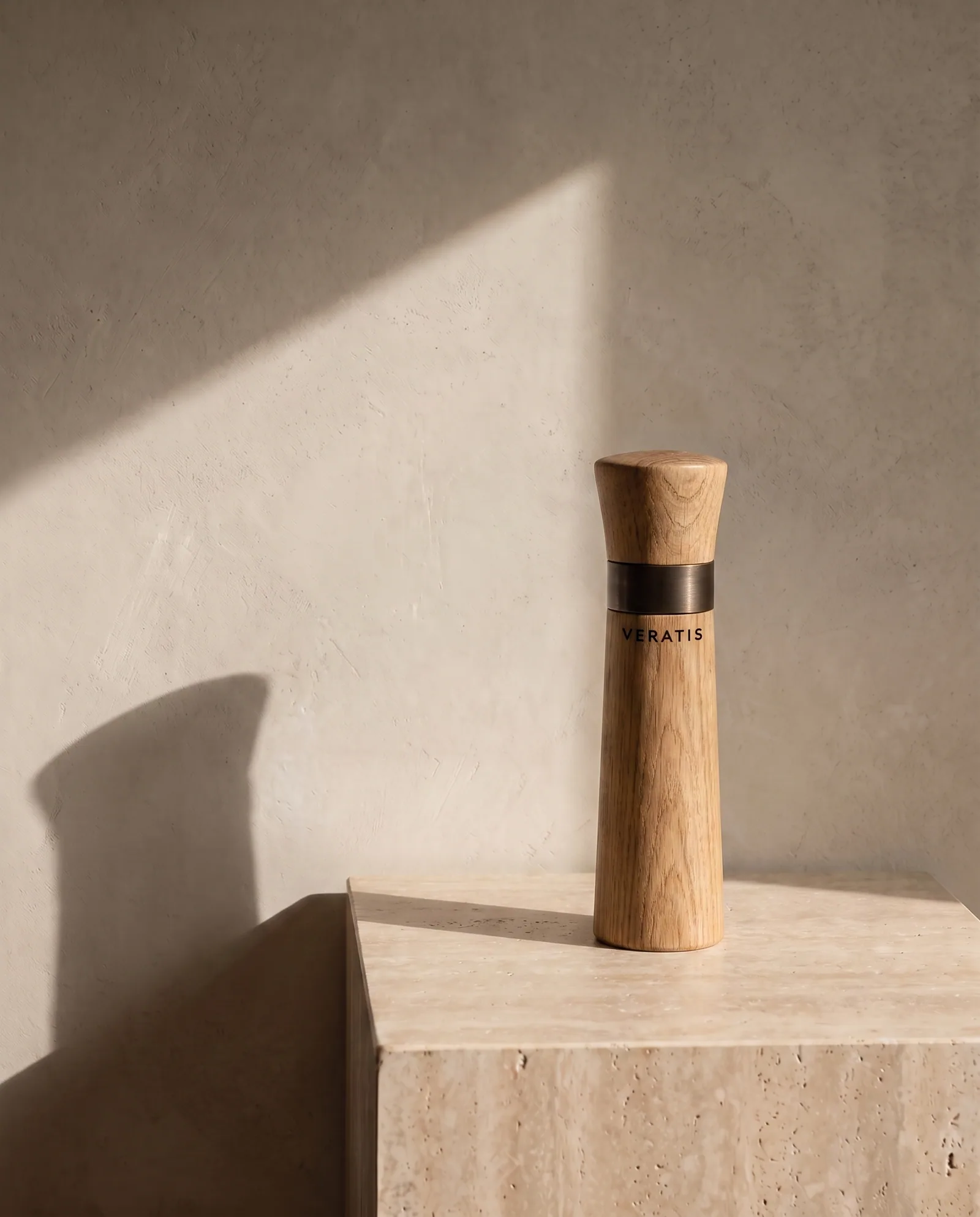 Pepper Mill — Oak body, brass collar, adjustable steel burr