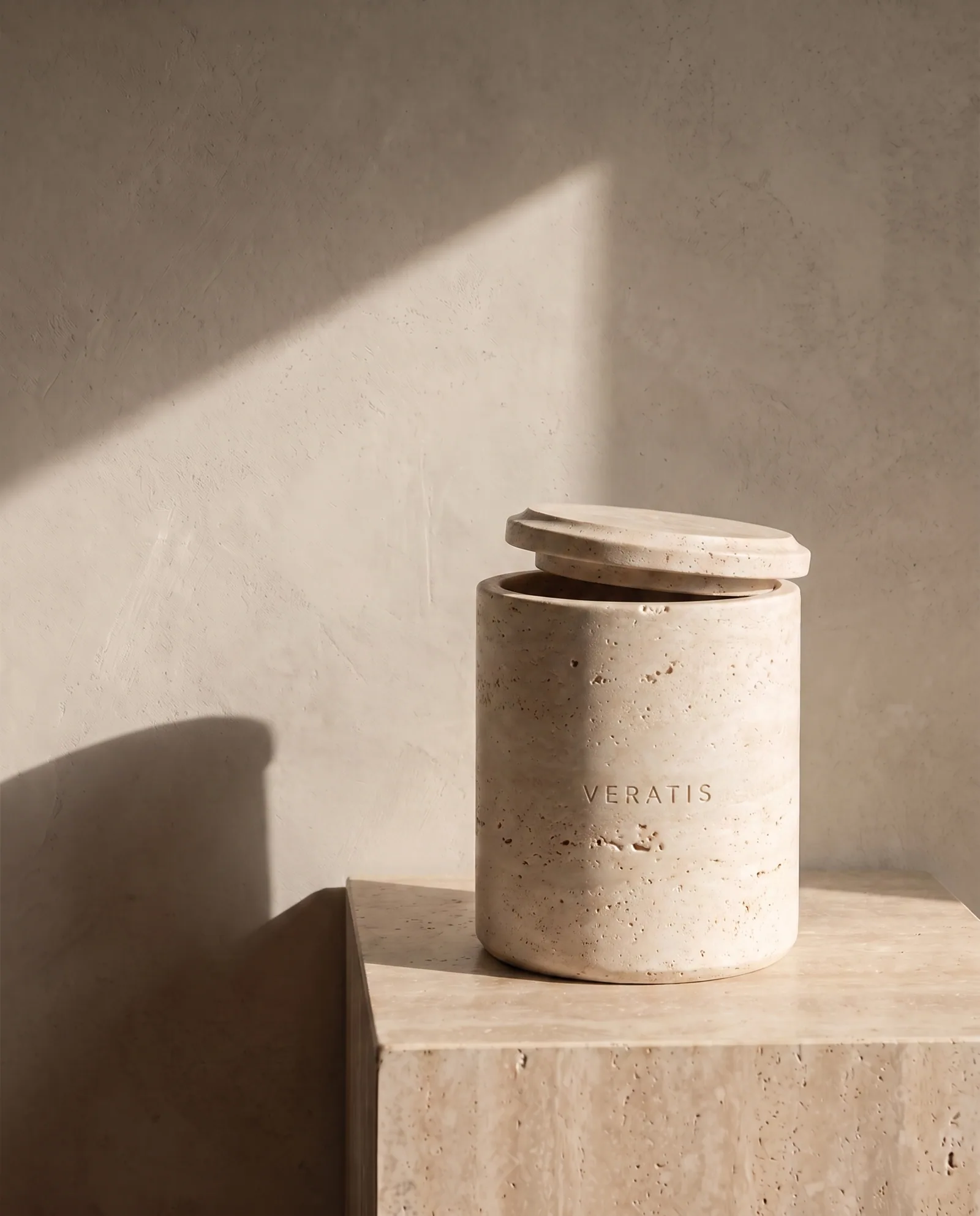 Travertine Canister — Lidded stone canister for cotton and small things