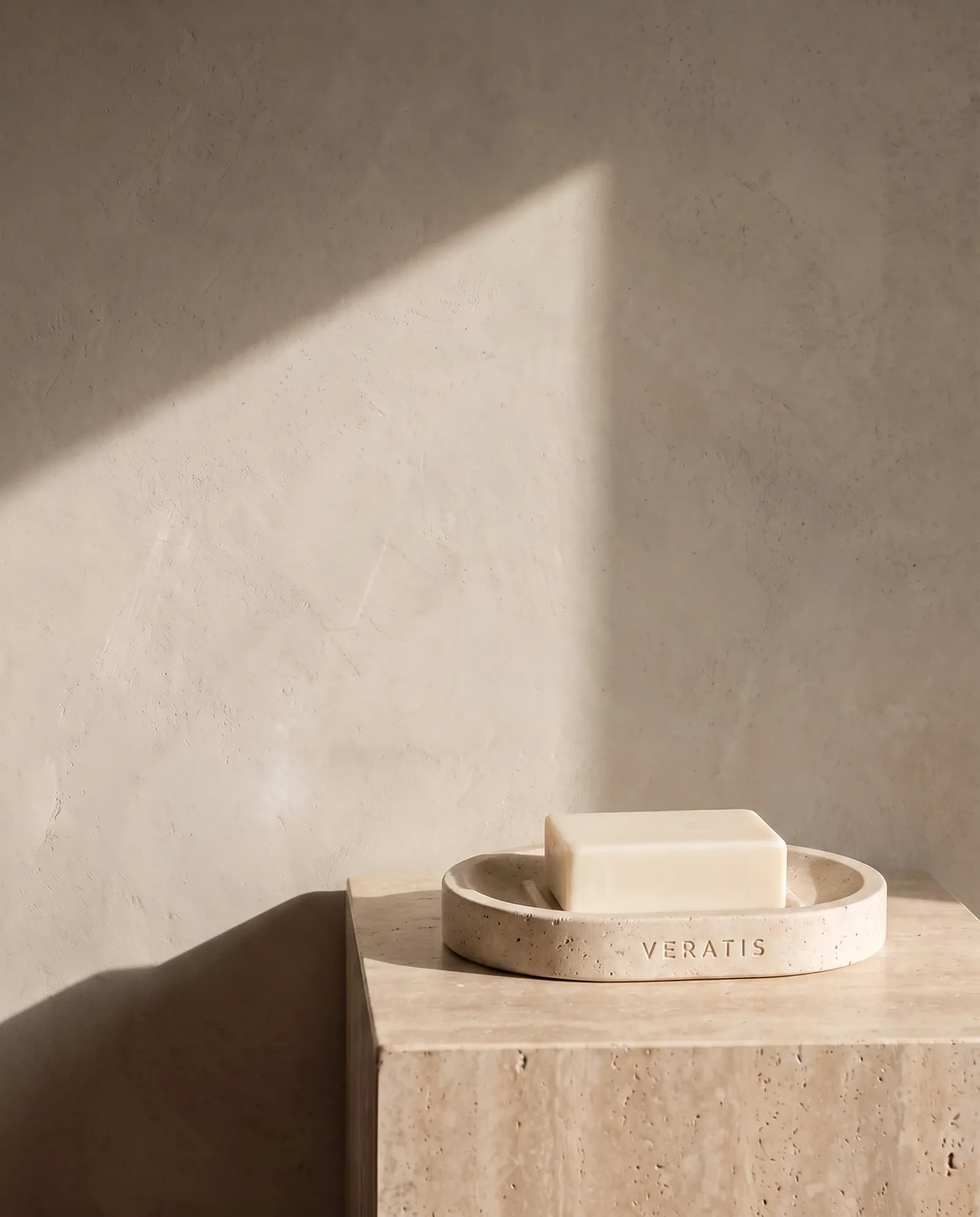 Travertine Soap Dish — Honed travertine with a drainage channel